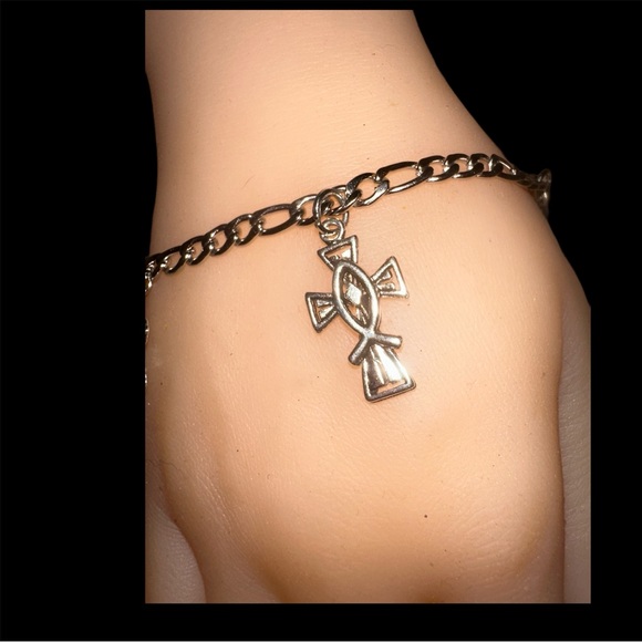 3 Cross Charm Bracelet-Silvertone - Picture 2 of 4